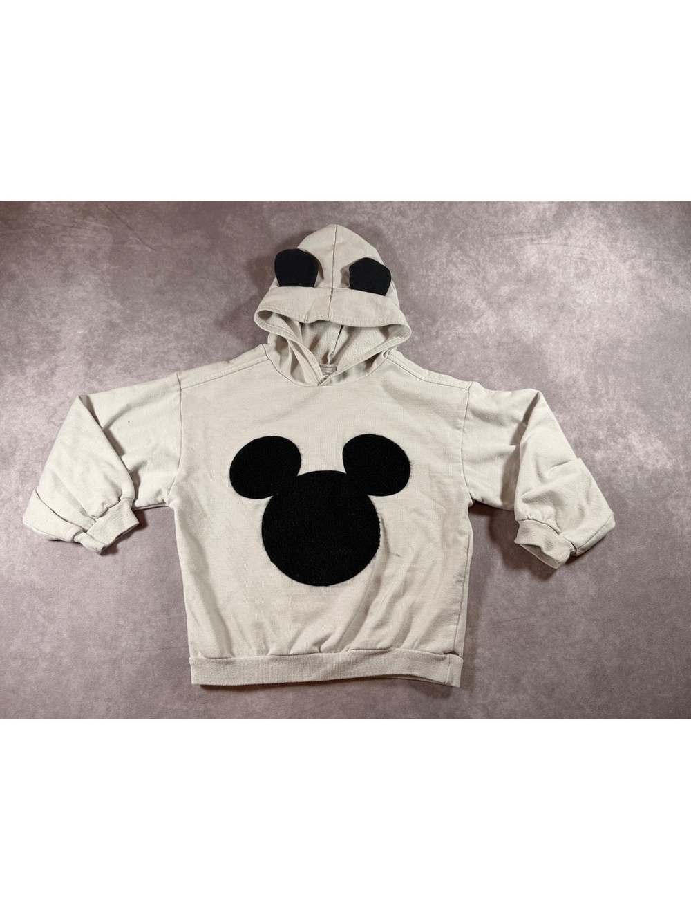 Kids Beige Hoodie with Black Mickey Mouse Design and Ears on Hood Size 5